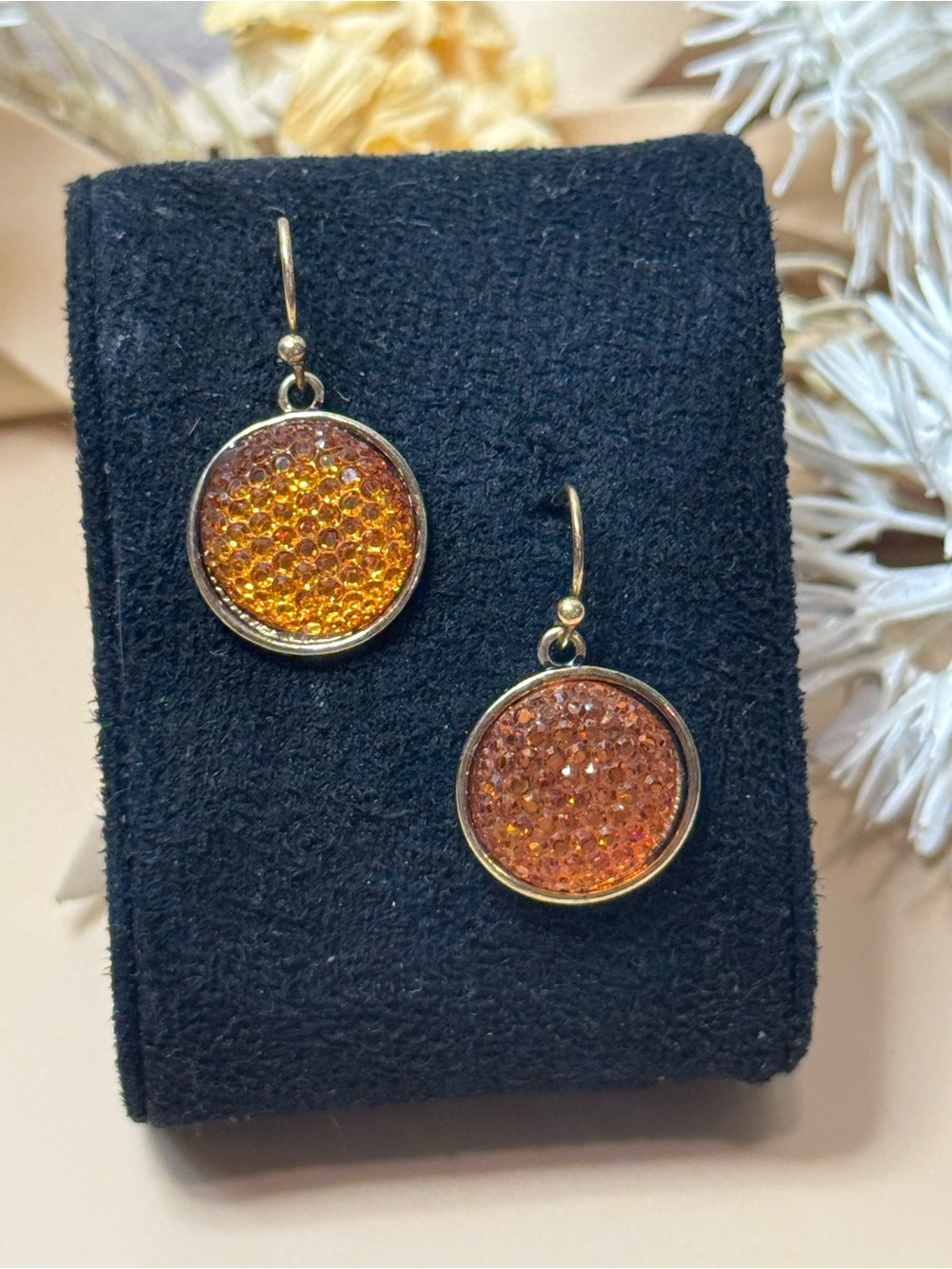 Vintage Style Orange Sparkle Round Dangle Earrings Gold Tone
